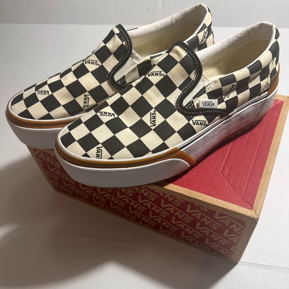 Vans stacked platform checkered board slip on sneaker white black size 10 - Picture 2 of 13